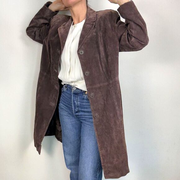 Vintage 90s 00s Brown Suede Leather Long Coat, Women's XL Jacket - Picture 8 of 14